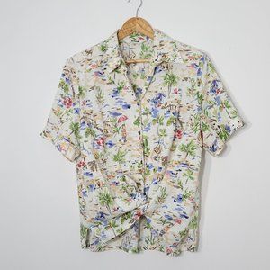 Vintage Cotton Lightweight Tropical Print Short Sleeve Button Shirt Plus Size